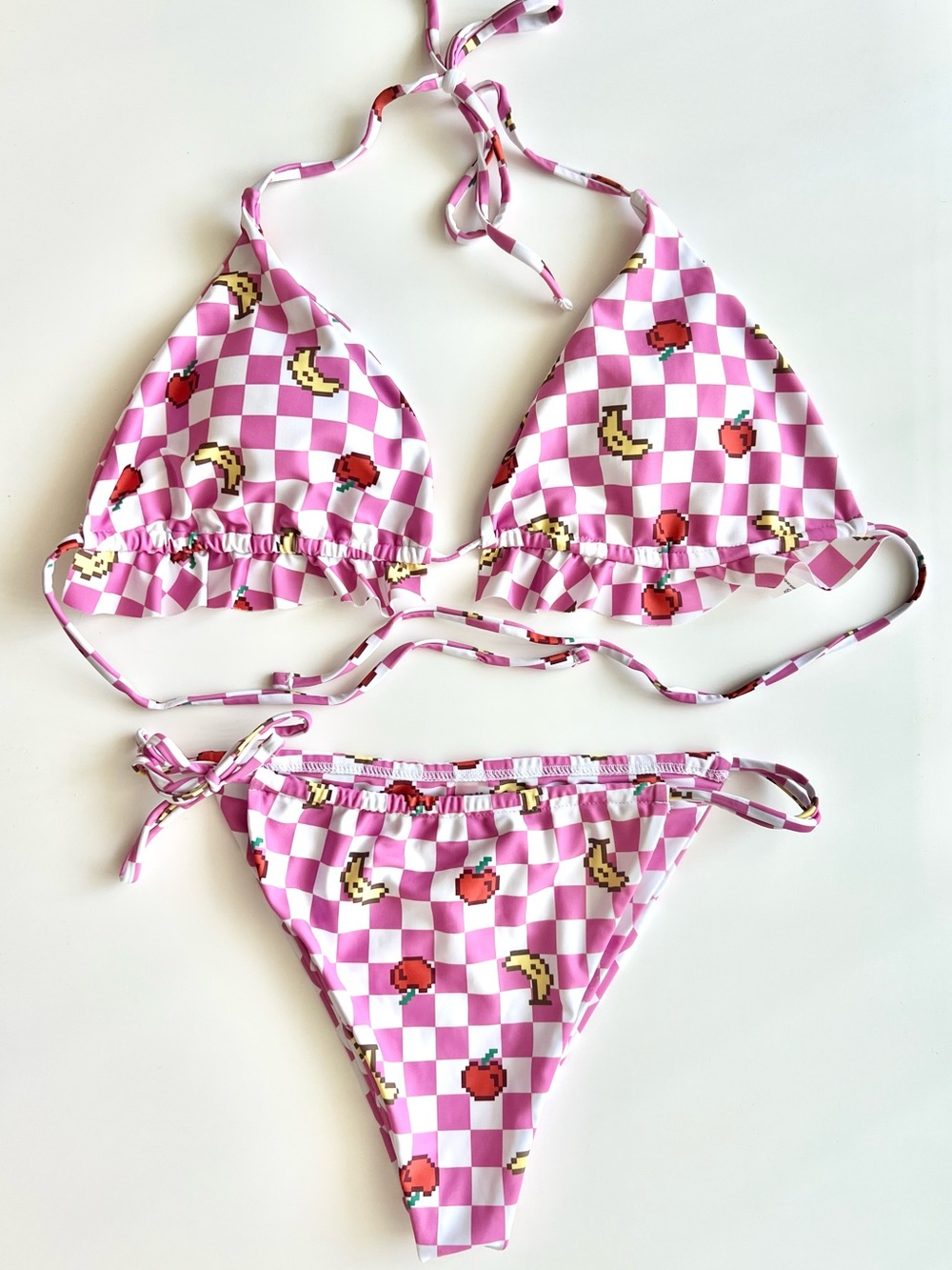 Pink Check Pixel 8 Bit Fruit Print Bikini Swim Set Size Large